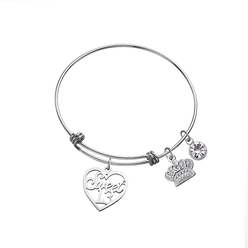 Girls 13th Birthday Jewelry Gift Fashion Crown Heart Bangle with Birthstone Charm Bracelet Accessories | Украшения и аксессуары