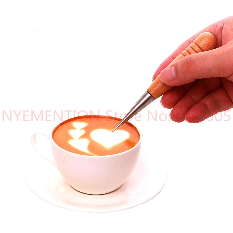 New Coffee Art Needles Stainless Steel Cafe DIY Wooden Handle Flower