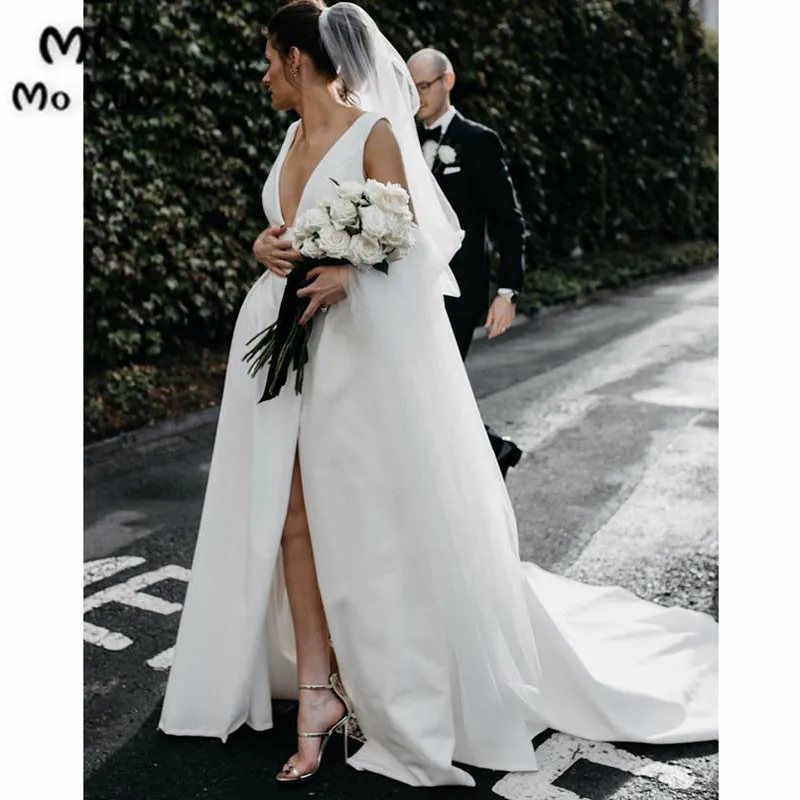 Элегантные свадебные платья трапециевидной формы длинное платье с v-образным вырезом de mariage с разрезом спереди Vestido de noiva Свадебные платья с глубоким вырезом на спине