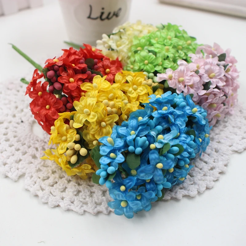

12PCS Mini Fabric Cherry Plum Blossom Artificial Flower Silk Baby Breath Floral Bouquet,Table Arrangements Weddding Decorations