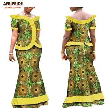 

african cotton 2-pieces women suit AFRIPRIDE short sleeve strapless top+ankle-length ruffles skirt women casual suitA722640