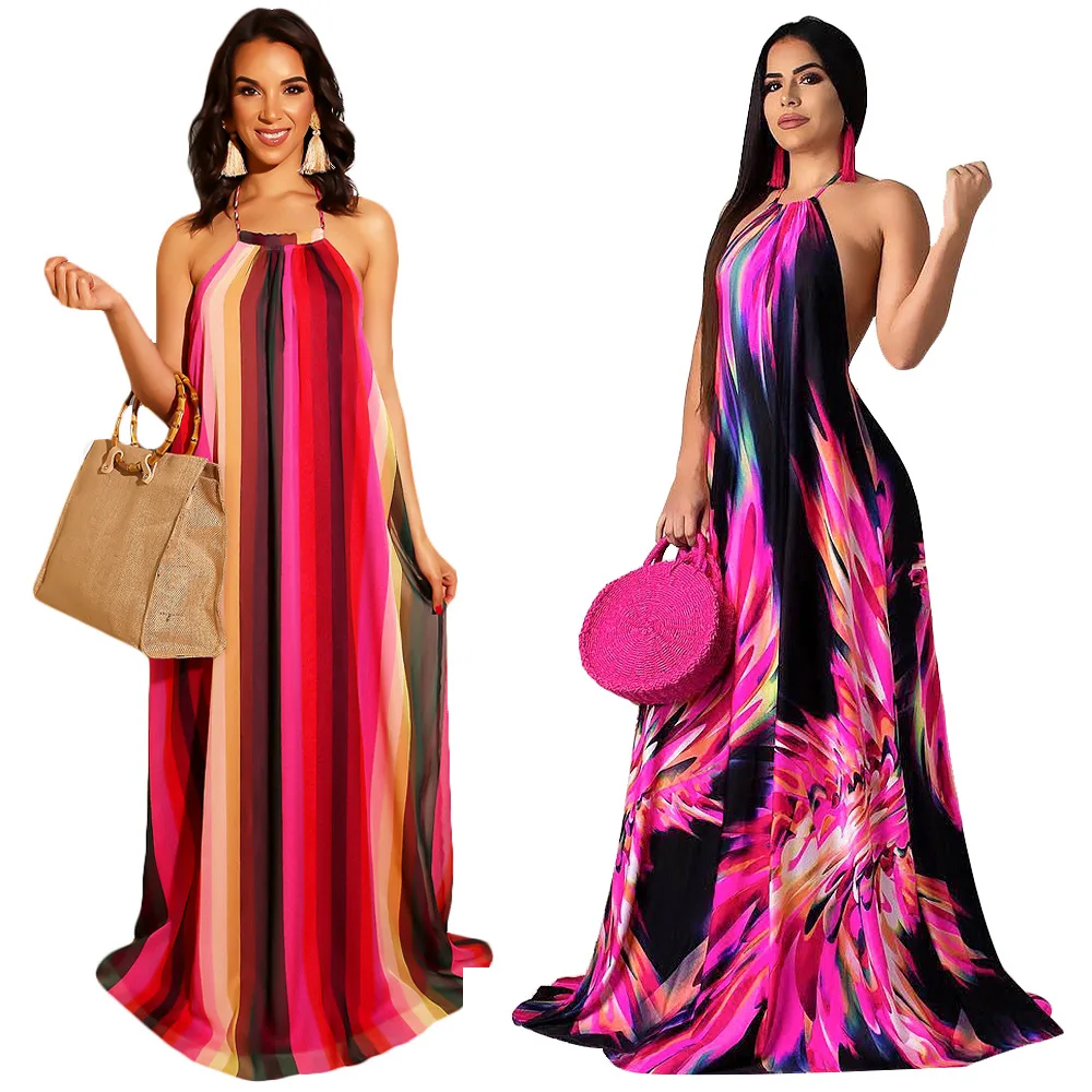

2019 Summer Womens Beach Sexy Halter Back Open Stripes Print Open Back Floor Length Maxi Dress Vacation Long Dresses Loose S3505