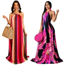 2019 Summer Womens Beach Sexy Halter Back Open Stripes Print Open Back Floor Length Maxi Dress Vacation Long Dresses Loose S3505 geo print open back halter dress