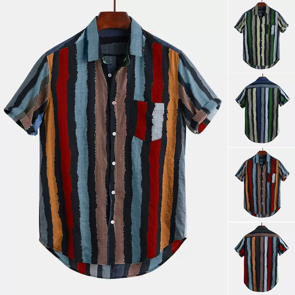 

Mens Loose Multi Color Stripe Lump Chest Pocket Short Sleeve Round Hem Shirts M-3XL