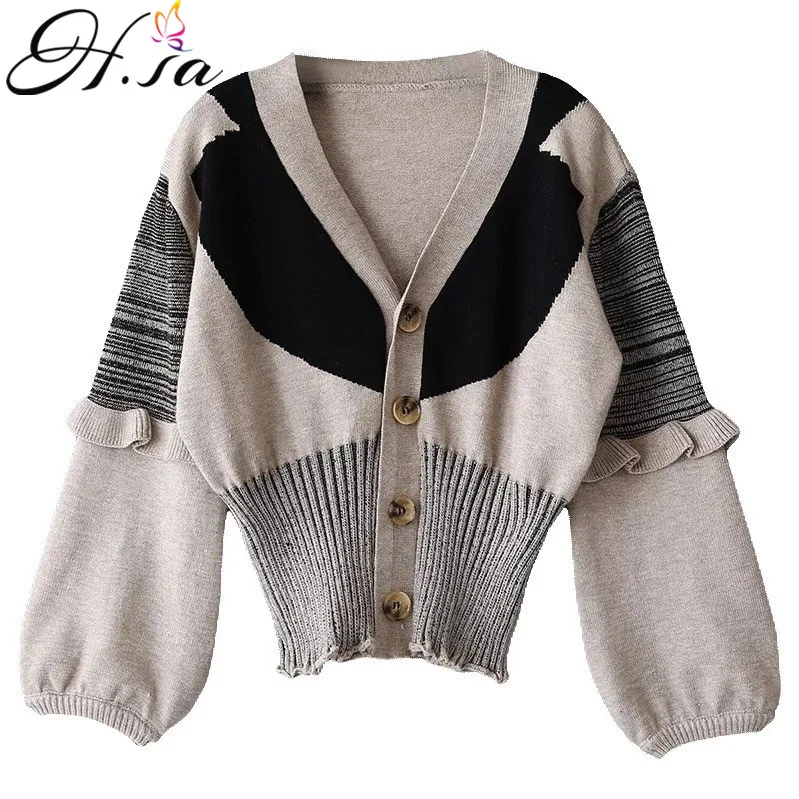 

HSA Women Autumn Sweaters Cardigans V neck Latern Sleeve Sweater Jumpers Button Up Patchwork Ruffles Cardigans Femme Loose Coat