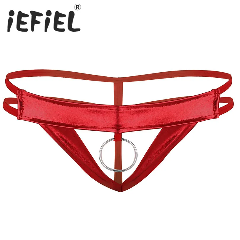 

iEFiEL Sexy Male Lingerie Faux Leather Cut Out and Open Back Men Low Rise Bikini G-string Underwear Underpants with Metal O-ring