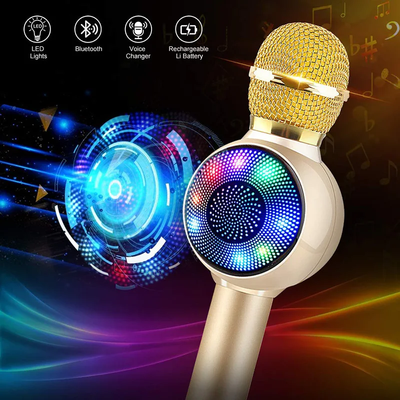Online Micrófono inalámbrico de Karaoke Bluetooth, luz LED multifunción 3 en 1 portátil de mano con micrófono de karaoke reproductor de karaoke