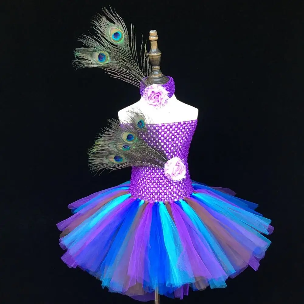 Милое Платье-пачка с перьями павлина для девочек комплект цветковых оголовьев из 2 слоев пышного тюля для маленьких детей, нарядное платье для дня рождения - Цвет: Многоцветный