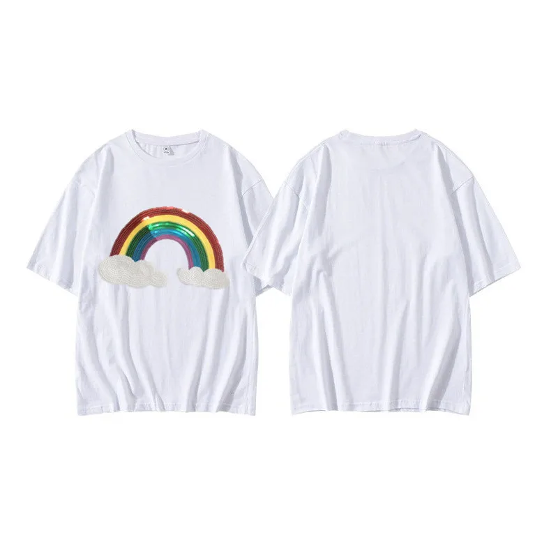 

New Rainbow Bridge Pattern White T-shir short sleeve o-neck Women T shirt Plus size Couple Streetwear Pink tshirt Gothic Tops