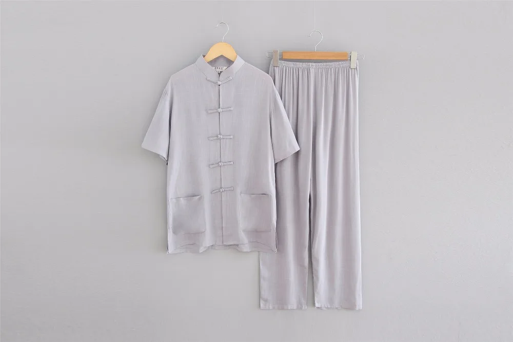 Серый китайский Мужской Хлопковый льняной пижамный комплект винтажный однобортный Пижамный костюм рубашка с коротким рукавом и длинные штаны M-XXL