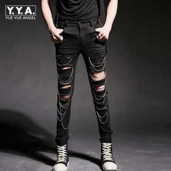 

New Fashion Mens Punk Hole Ripped Pants Korean Slim Fit Pencil Pants Casual Mens Chains Hip Hop Street Dance Pants M-2XL