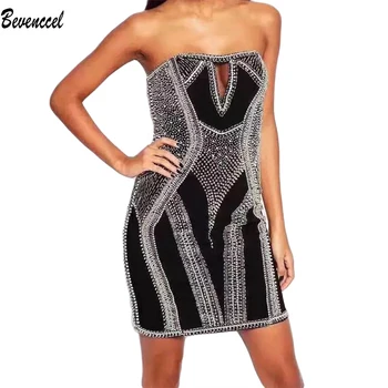 

Women Newest Strapless Cocktail Party Dresses 2020 Sleeveless Diamond Printed Beads Bodycon Chic Vestidos Bandage Dress