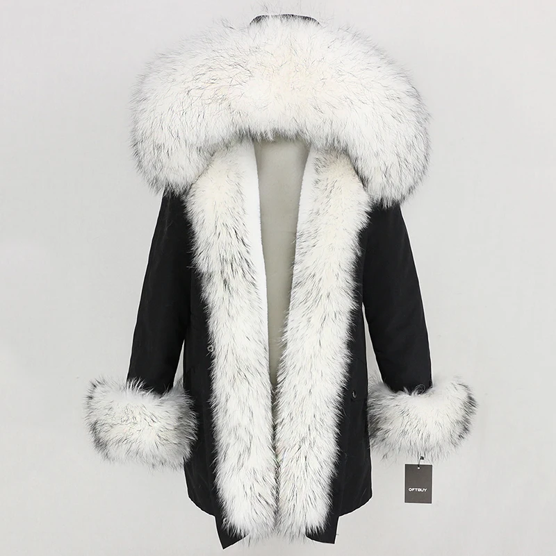 OFTBUY, пальто с натуральным мехом, зимняя куртка для женщин, натуральный мех енота, капюшон, водонепроницаемая, длинная парка, съемная, уличная одежда, роскошные парки, теплые - Цвет: black white