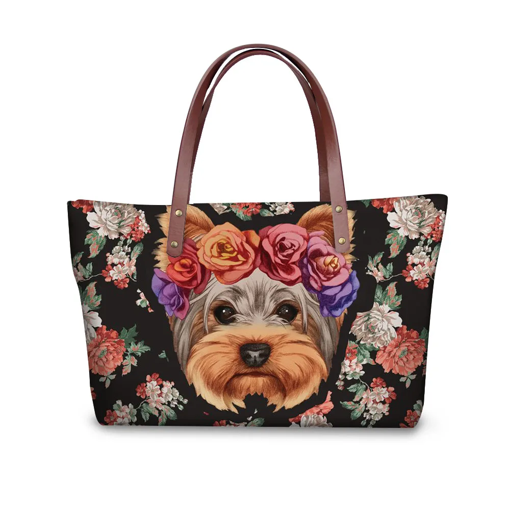 

Noisydesigns Women Handbags 2018 Floral Yorkie Printed Shoulder Bags Women Ladies Abstract Pup Designer Chihuahua Tote Hand Bags