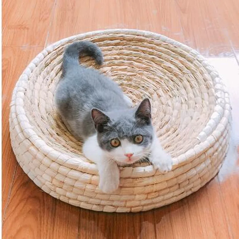 

Pet Cat Kitty Bed House Puppy Mini Pet Dog Bed Mat Cat Sleeping Bag Tunnel Natural Rice Straw Handmade Round Kennel