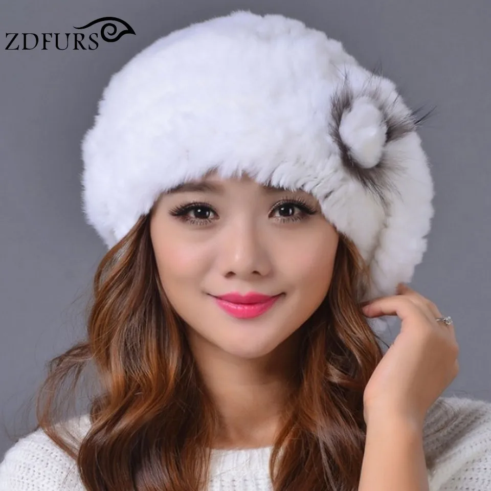 

2016 Winter Real Rex Rabbit Fur Berets Hat Fur Cap Women Genuine Fur Hat with Fox Fur Flower 8 Colors