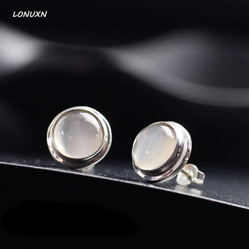 

1.1cm high quality 925 Sterling silver Natural semi-precious stones white chalcedony small flat circular simple earrings women