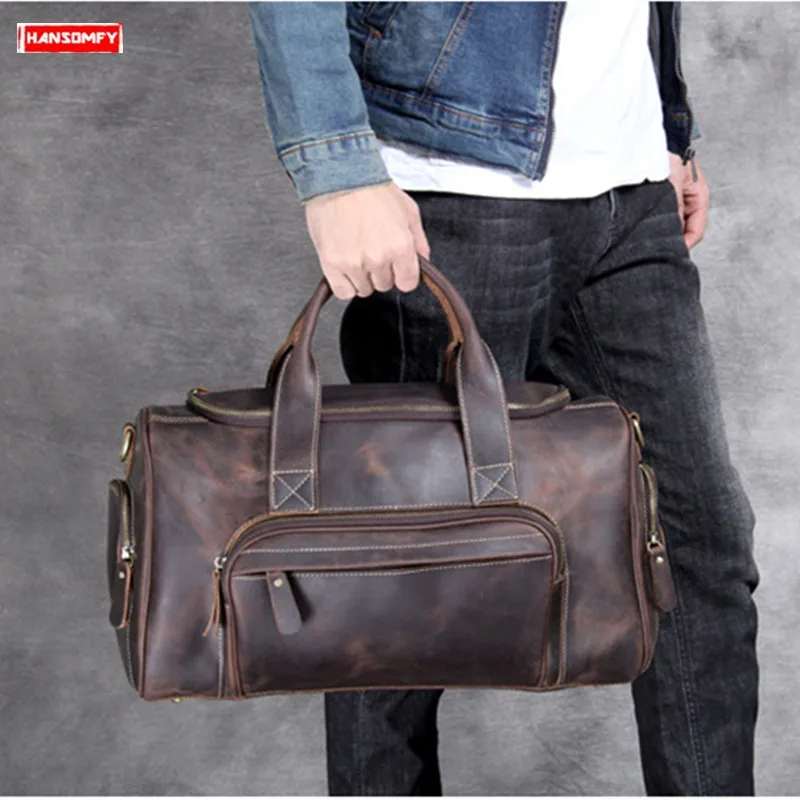 Men Handbags Shoulder Luggage Bag Crossbody Bags First Layer Cowhide New Retro Large Capacity Travel Crazy Horse Leather Male |