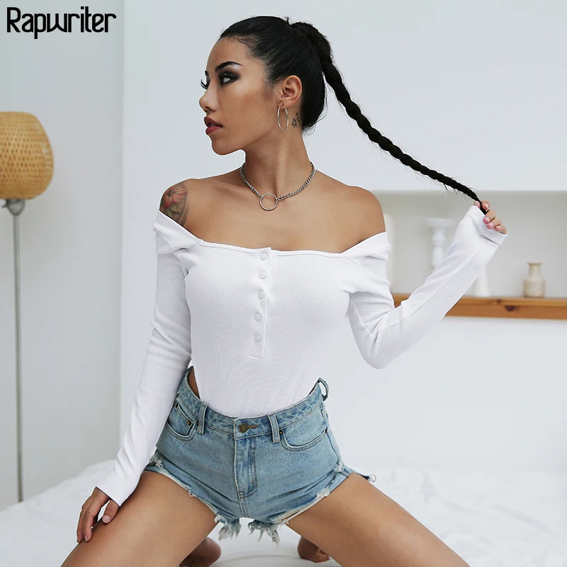 

Rapwriter Casual Knitted Cotton Square Collar Button Stretch Sexy Bodysuits Women 2019 Spring Long Sleeve Bodycon Sheer Bodysuit