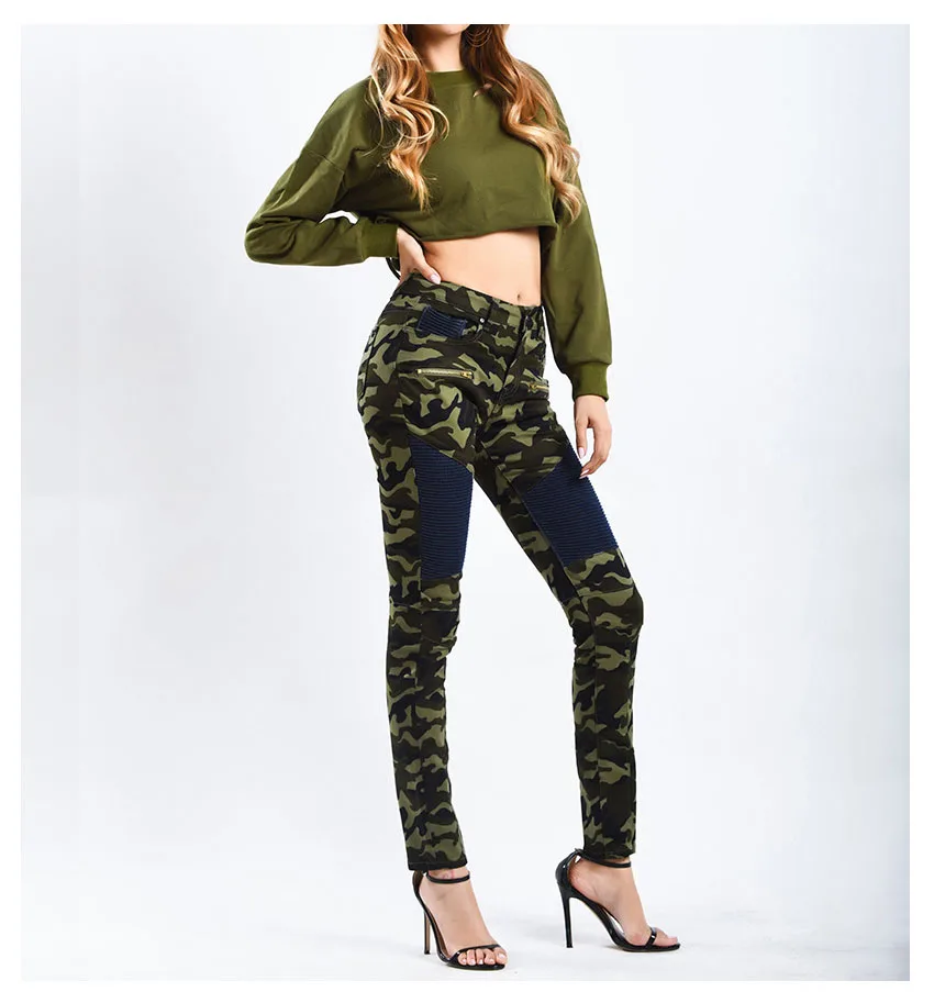 Motorcycle trousers for women stretch trim camouflage printed trousers with denim pencil trousers (8)