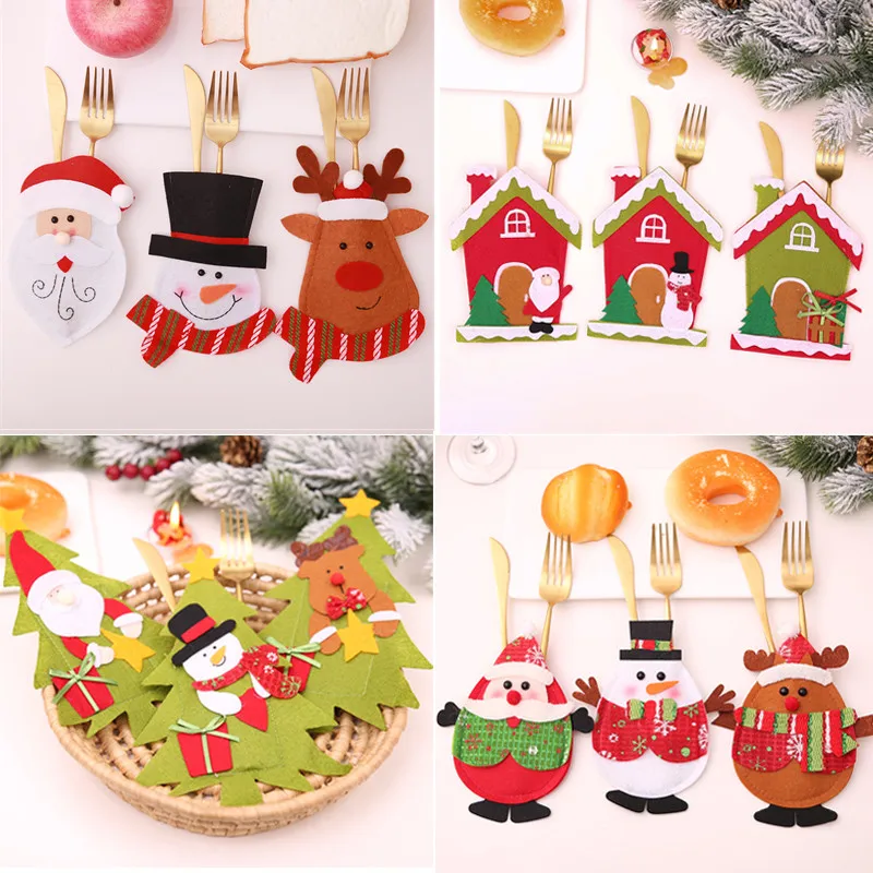 

6pcs Christmas Decorations Santa Clause Snowman Kitchen Tableware Holder Bag Xmas Ornament Christmas Decorations for Home Table