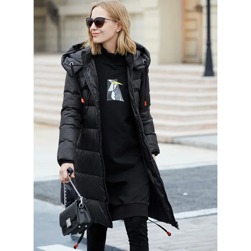 Amii Minimalist 2018 Women 90% White Duck Down Coats Loose Knee Length Padded Jacket with Hooded