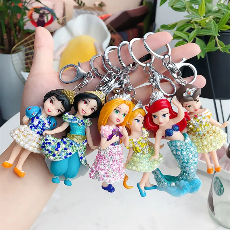 

New Design 3D Cartoon Doll Keychain Fairy Doll Mermaid Keyring Rhinestone Enamel Porte Clef Jewelry Princess Keyfob Handbag Gift