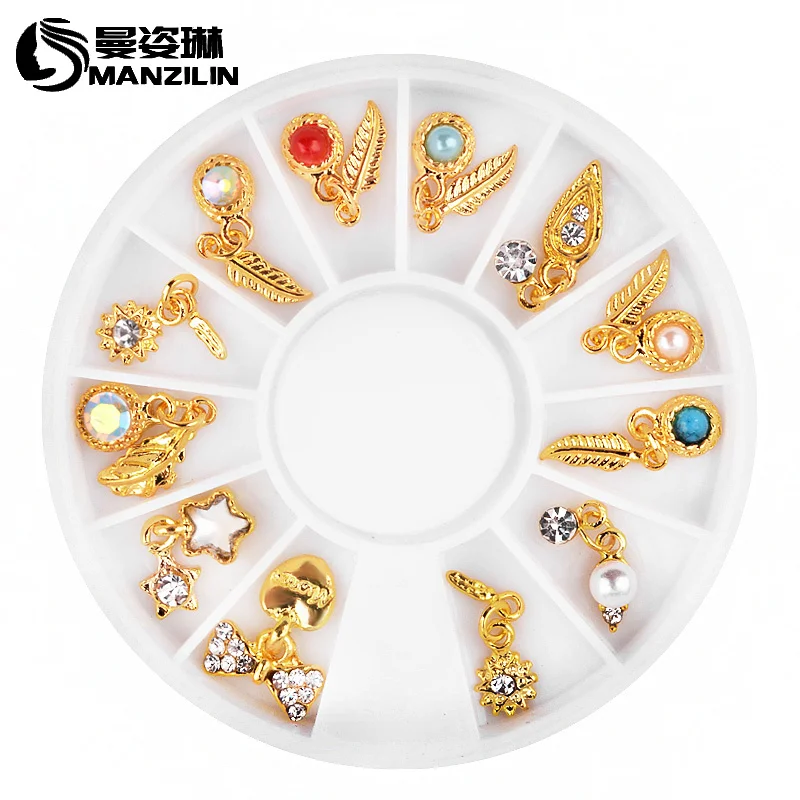 

MANZILIN 1 Wheel Gold Alloy Pendant Feather Pearl AB Clear Rhinestone Nail Decorations Charm Nail Art Jewelry Supplies