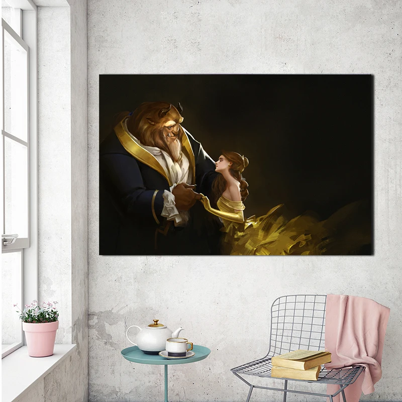 Beauty and The Beast Print Poster Watercolour Framed Canvas Wall Art Disney Emma