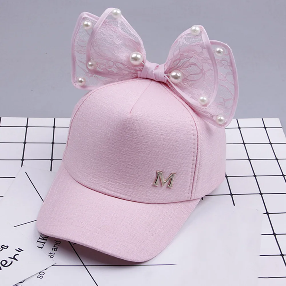 Милая Детская шляпка с жемчужным бантом Bongrace, пиковая бейсбольная Кепка от солнца, детская чалма, шляпа для фотосъемки, новые детские шапки - Цвет: Pink
