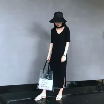 

New summer chic retro v neck halter unilateral split thin ice silk short-sleeve dress long midi female black off white dresses
