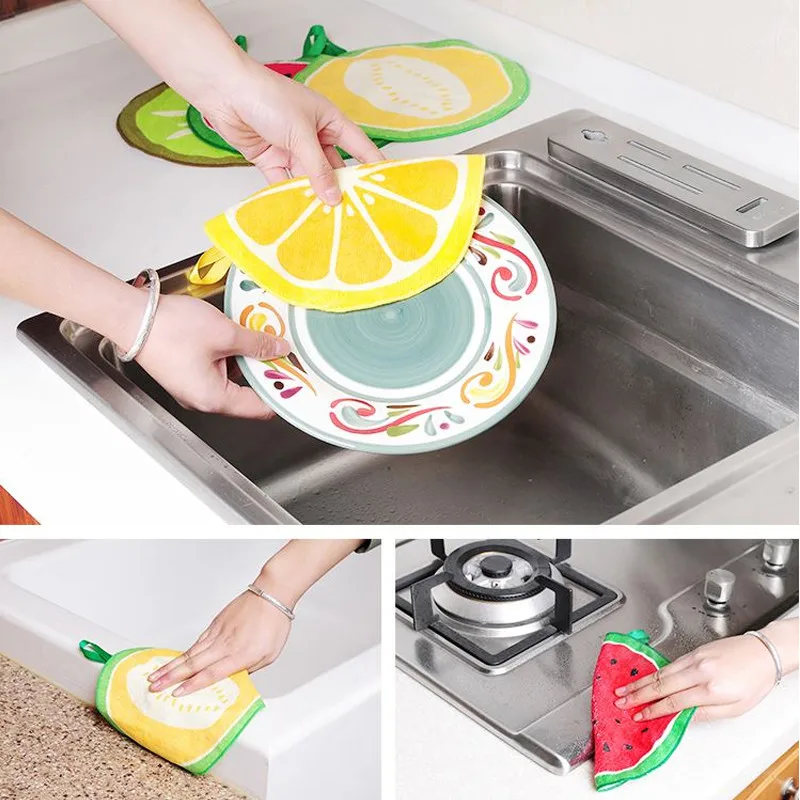 10 шт./лот, фруктовое полотенце для рук, салфетка для посуды Сухая ткань, яркие цвета, мультяшный дизайн, абсорбирующий кухонный инструмент
