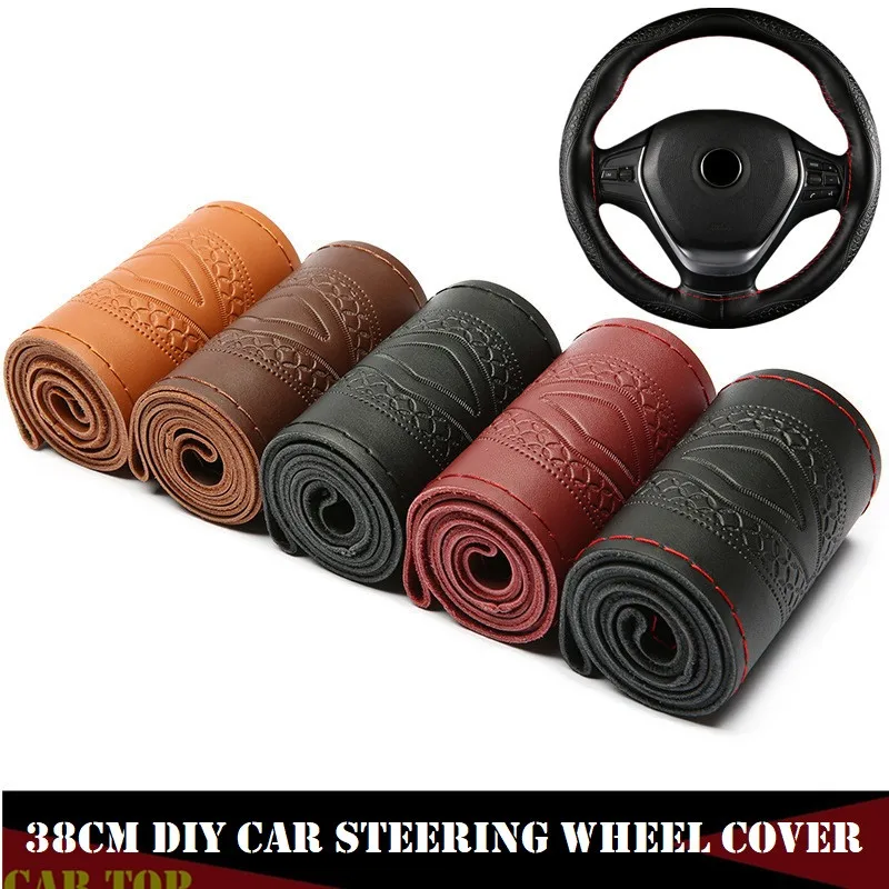 Steering Wheel Braid Fashion Embossed Car Steer Wheel Case Car Accessories 38CM Genuine Leather Steering Wheel Cover