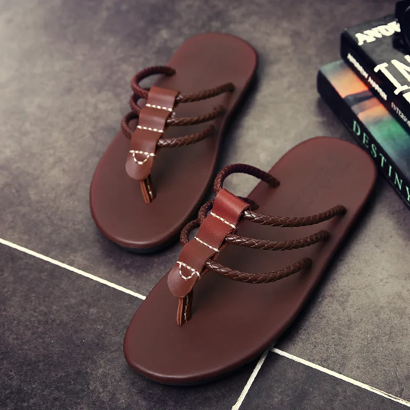 

2019 New Summer Men Flip Flops High Quality leather Beach Sandals Men's Head Layer Cowhide Cool Non-slide Beach Sandals Outdoor