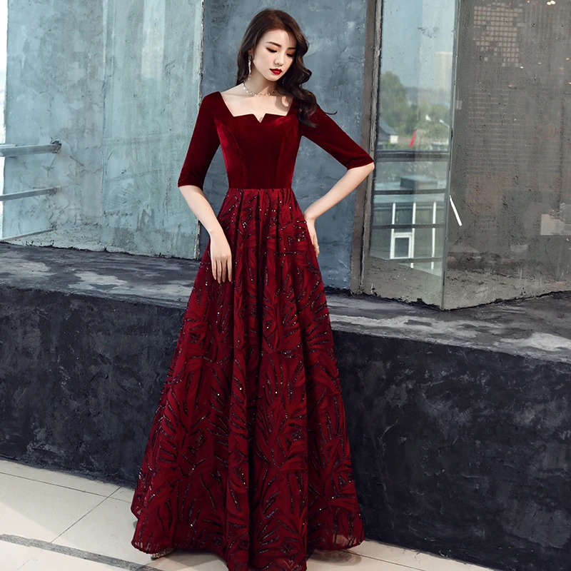2019 Новый V шеи Длинные вечерние платья Robe De Soiree пикантные роскошный темно-красный блесток официальная Вечеринка платье платья для