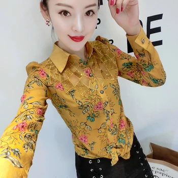 

New Women Blouses printing Shirt Hollow Out Lace Blouse Tops For Shirt Geometry Casual Go To Work Blusas White Pink Woman OL