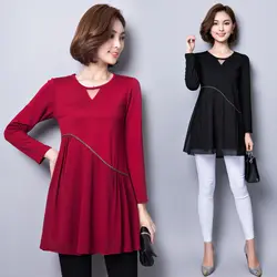 Осенняя одежда новая больших размеров женская одежда Длинные рукава v-образным вырезом Длинная Блуза Топ мини-платье плиссированные