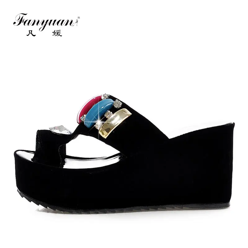 

Fanyuan Plus Size 32-43 Best Price Flock Ladies shoes Mixed Colors Crystal Platform footwear Hand made custom Girl's slippers