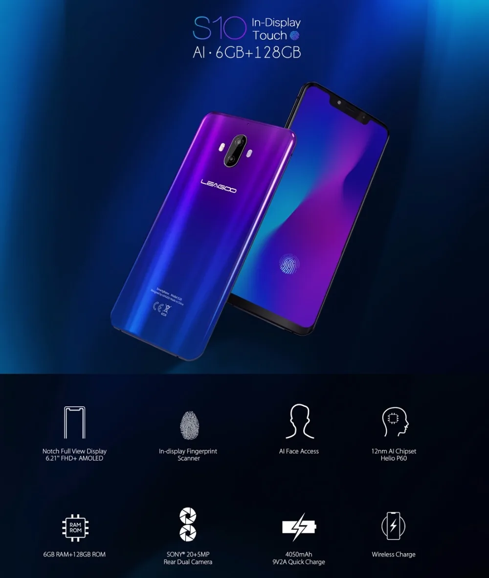LEAGOO S10 глобальная версия P60 6 ГБ 128 21 &quot19:9 U Notch мобильного телефона 20.0MP 4050 mаh 9В/2A в