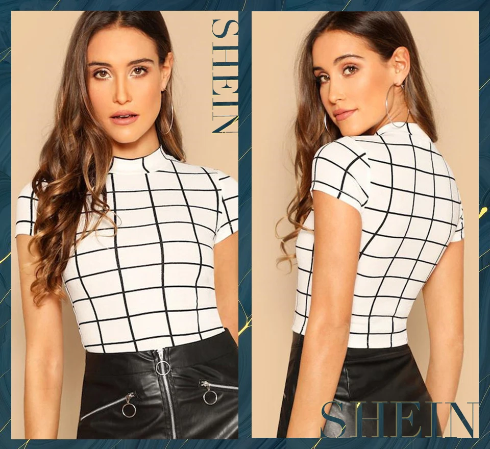 SHEIN черный и белый плед Пеплум Стенд воротник поясом Топ Gingham пуловеры летние повседневные женские футболки и топы с коротким рукавом