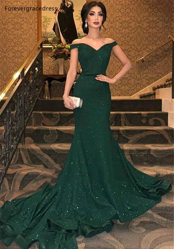 2019 Sparkle Sequined Dark Green Reflective Prom Evening Dresses Sexy Mermaid Off Shoulders Long Vestidos de fiesta BC0792  119 (4)