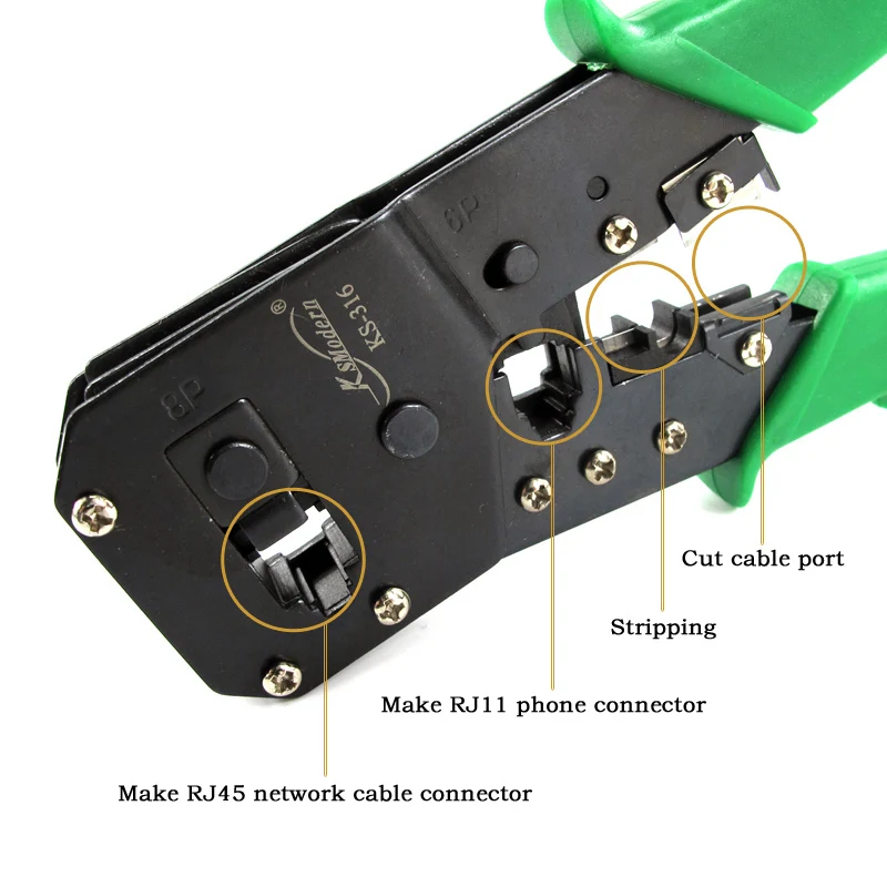 Ks-316 다목적 모듈 형 압착 펜치 rj45 네트워크 압착 플라이어 이더넷 케이블 플라이어 rj11 전화 듀얼 압착 플라이어