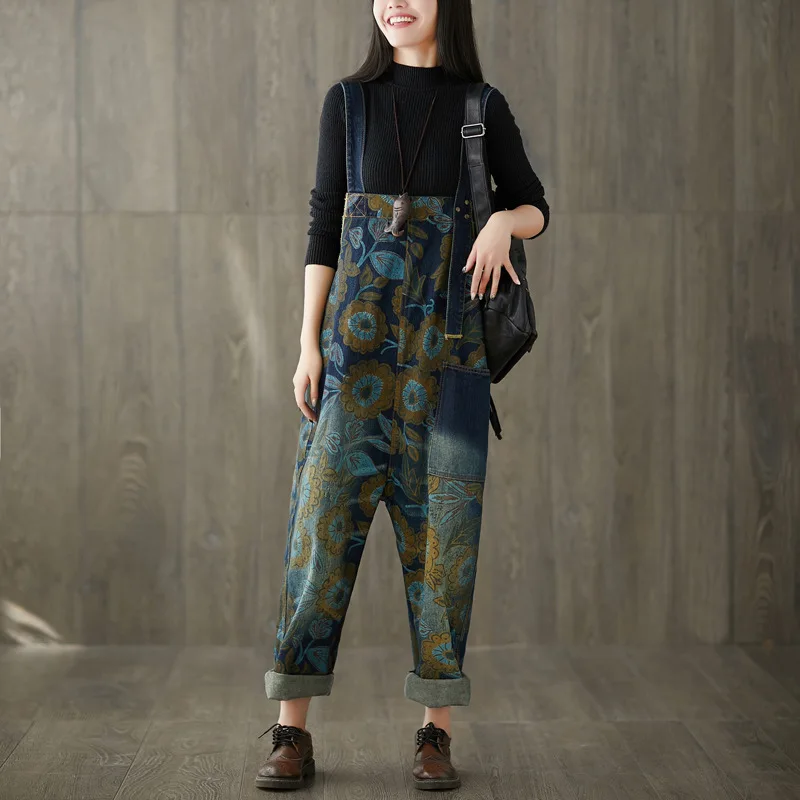 

Women Vintage Floral Printed Wide Leg Jumpsuits Female Loose Overalls Ladies Casual Plus Size Jeans Rompers Spring Autumn