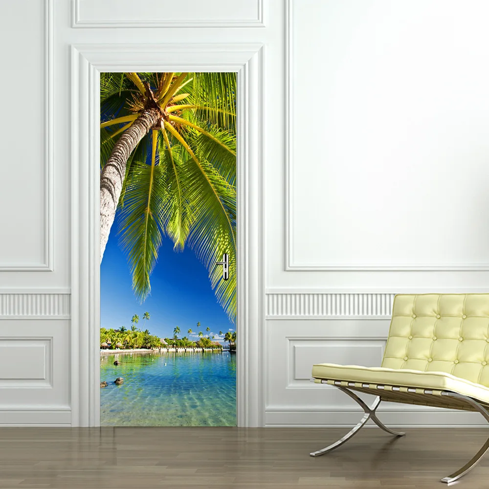 

3D Lakeside Palm Trees Door Stickers For Bedroom Creative Landscape Art Home Decor Decal Removable Self Adhesive Wallpaper Mural