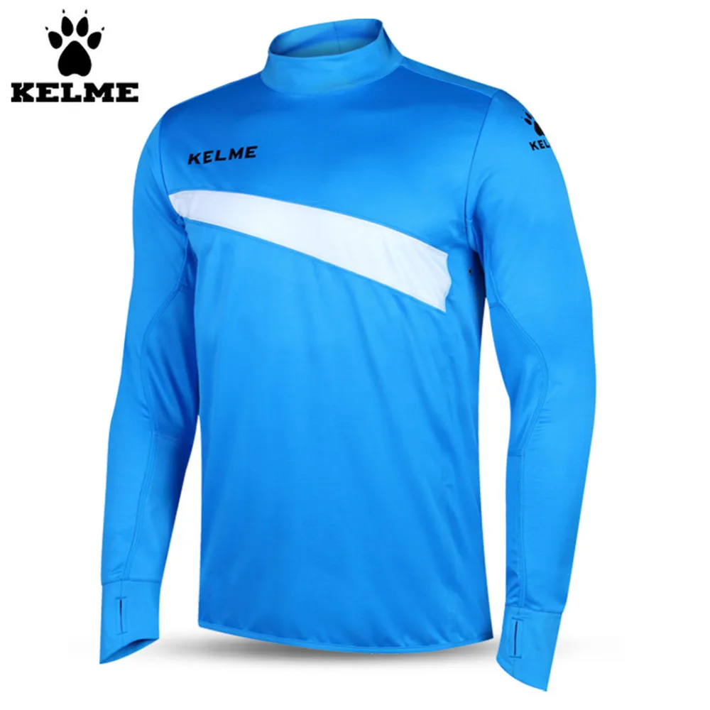 Kelme K15Z304 Men Soccer Jerseys Polyester Stand Collar Sharkskin Training Long-sleeved Pullover Blue White