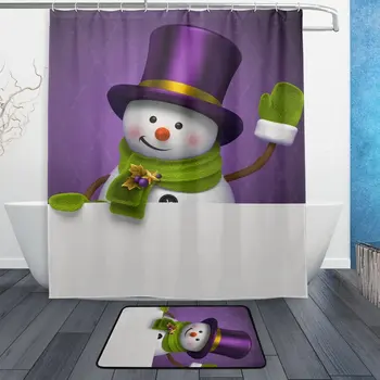 

Christmas Holiday Shower Curtain and Mat Set, Happy Snowman Waterproof Fabric Bathroom Curtain and Rug Set with Hooks Modern