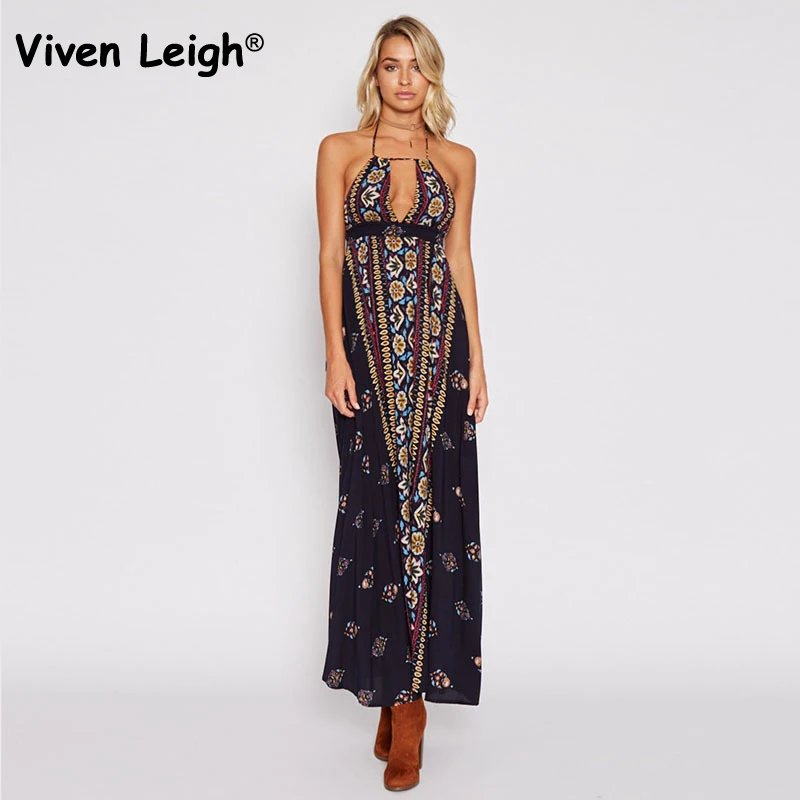 Viven leigh 2018 длинные летние цветочные платья макси Для женщин спинки Цветочный принт пляжное платье элегантные дамы Винтаж Boho Платья для