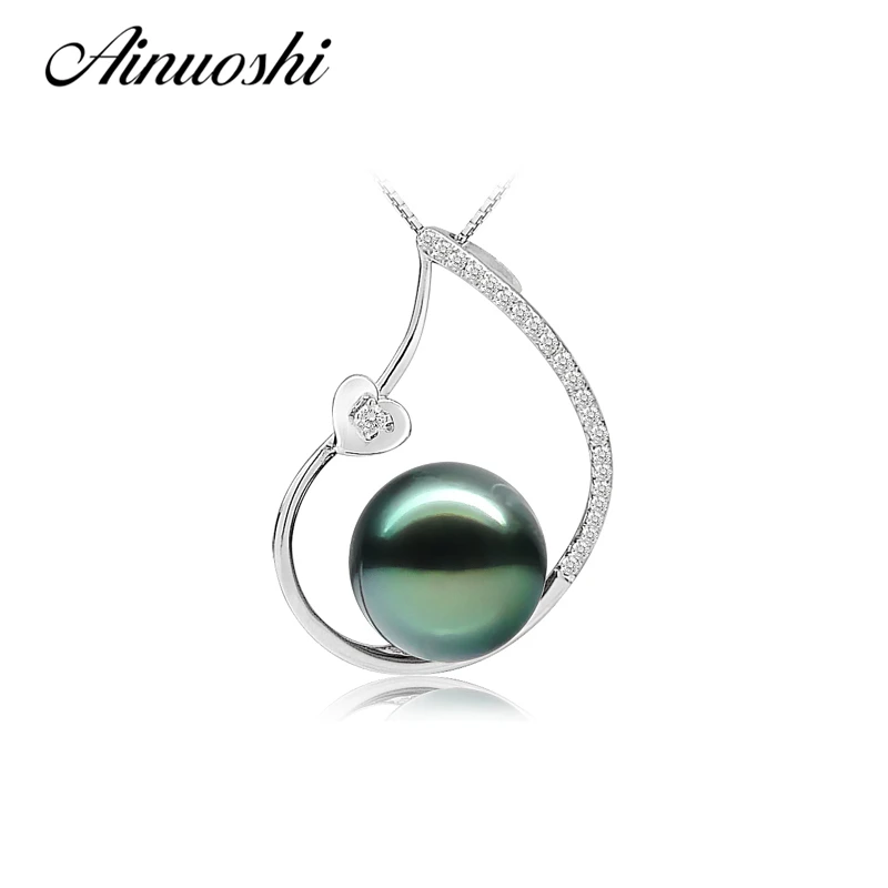 

AINUOSHI 925 Sterling Silver Women Engagement Necklace Pendants Natural Tahitian Black Pearls 10.5-11mm Perfect Round Pendants