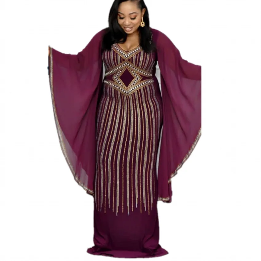 Африканские платья для женщин Дашики алмаз африканская одежда Базен Broder Riche сексуальный тонкий рукав рюшами халат вечернее длинное платье - Цвет: Фиолетовый