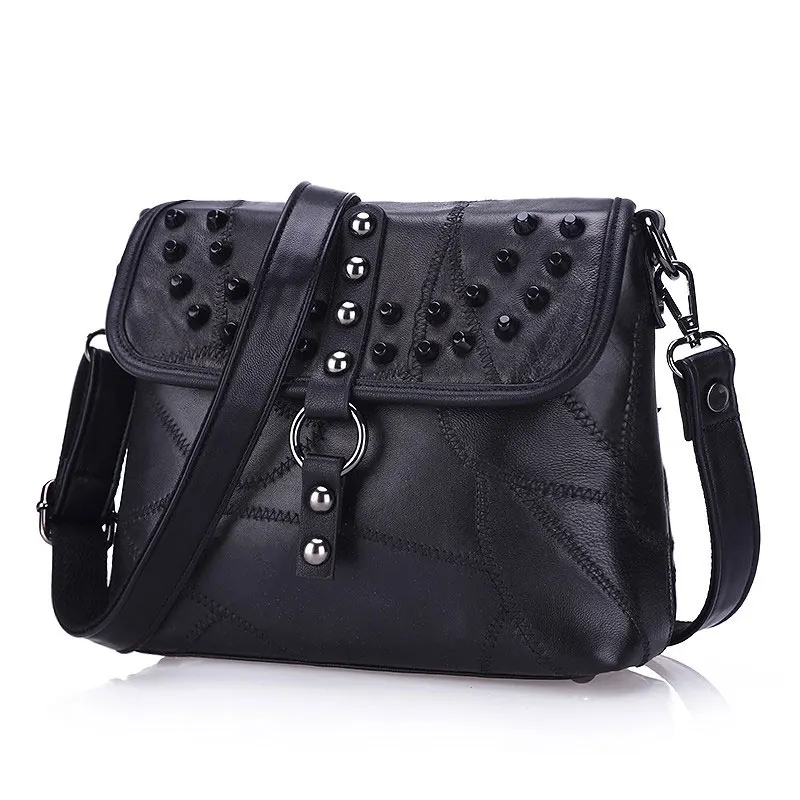 Edgy Rivet Real Leather Ladies Patchwork Bag Trendy Color matching Splicing Stylish Sheepskin Crossbody Bag Fashion